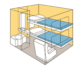 Спальні купе з 2 полицями для дорослих, умивальником, туалетом і душем